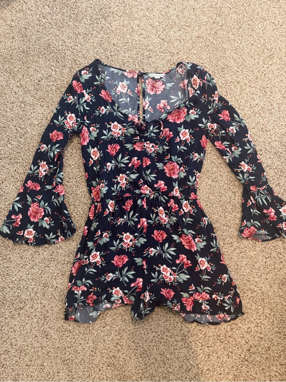 American Eagle Outfitters Navy Floral V-Neck Romper with Bell Sleeves